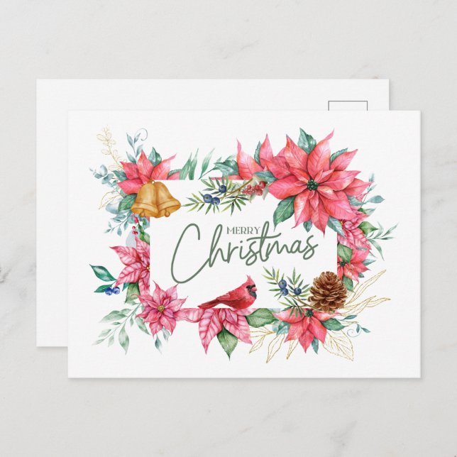Merry Christmas Watercolor Poinsettia Flowers  Postcard (Front/Back)