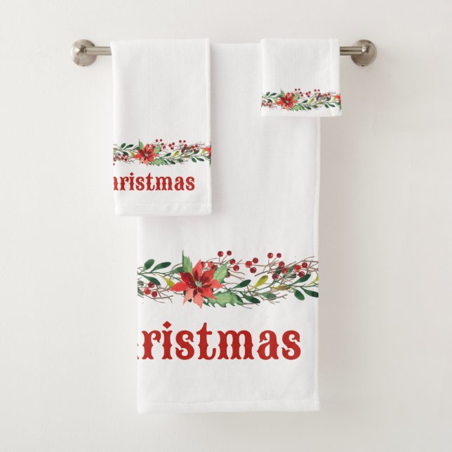 Merry Christmas Watercolor Poinsettias and Berries Bath Towel Set (Insitu)