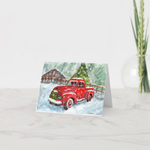 merry christmas watercolor pups driving red truck card