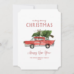 Merry Christmas   Watercolor Red Car Holiday Card