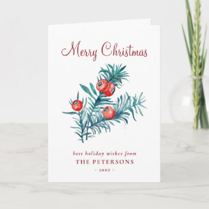 Merry Christmas Watercolor Red Yew Berries Card