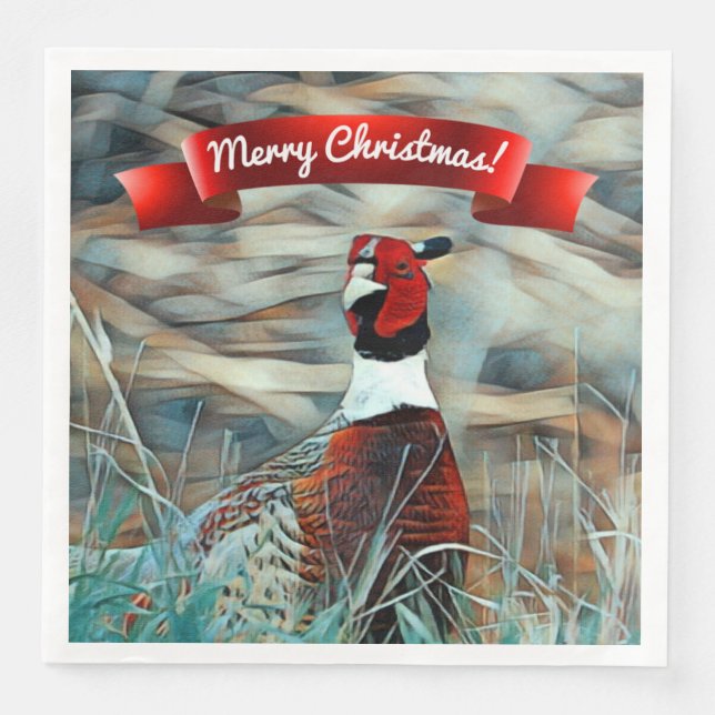 Merry Christmas Watercolor Ring-neck Pheasant Napkin (Front)