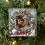 Merry Christmas Watercolor Rustic Photo  Ceramic Ornament<br><div class="desc">Pretty pine frame with pine cones,  candles & snow with mason jar candles & ornaments done in soft watercolors were used to create this holiday photo frame ornament.   Personalise with current year.</div>