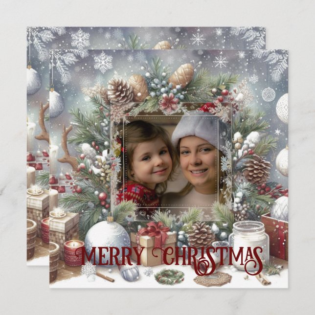 Merry Christmas Watercolor Rustic Photo  Holiday Card (Front/Back)