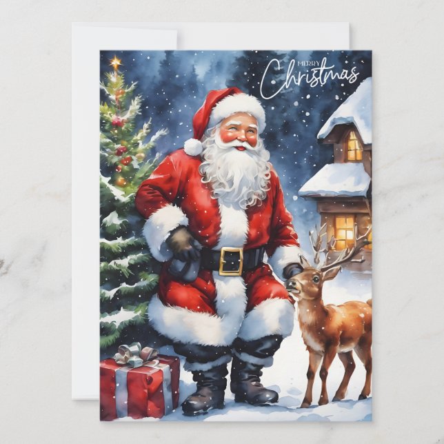 Merry Christmas Watercolor Santa Claus  Holiday Card (Front)