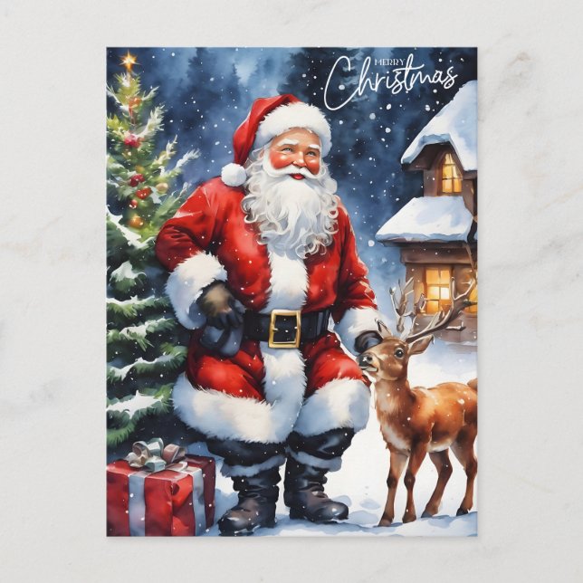 Merry Christmas Watercolor Santa Claus  Holiday Postcard (Front)