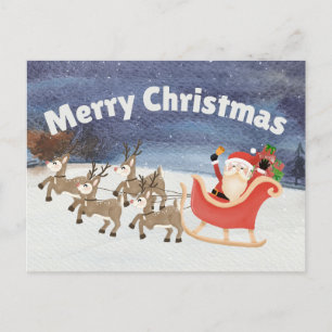 Merry Christmas Watercolor Santa Sleigh  Holiday Postcard