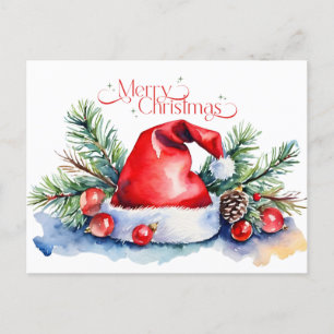Merry Christmas Watercolor Santa's Hat, Ornaments Holiday Postcard