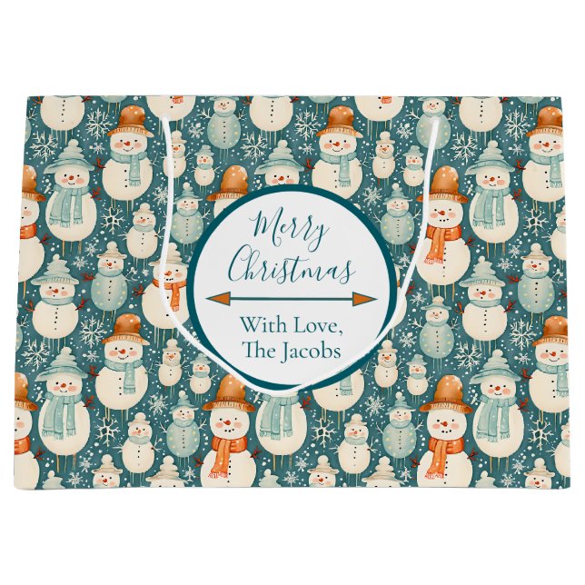 Merry Christmas  | Watercolor Snowmen Christmas Large Gift Bag (Front)