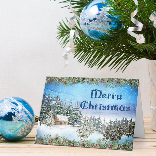 Merry Christmas Watercolor Snowy Cabin in Woods Holiday Card (Creator Uploaded)