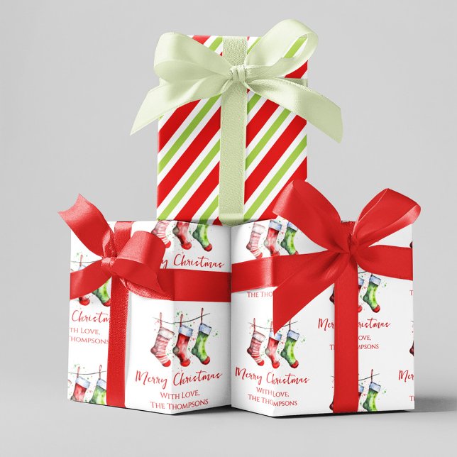 Merry Christmas Watercolor Stockings Custom Wrapping Paper Sheet (Whimsical Merry Christmas holiday custom wrapping paper. )