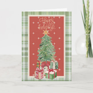 Merry Christmas Watercolor Tree and Plaid Holiday  Card
