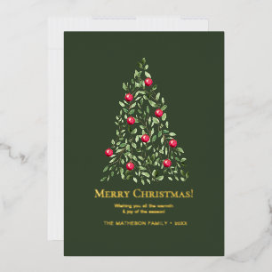 Merry Christmas Watercolor Tree Family Photo Foil Holiday Card