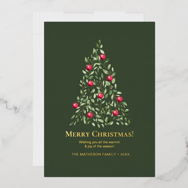 Merry Christmas Watercolor Tree Family Photo Foil Holiday Card (Envelope)