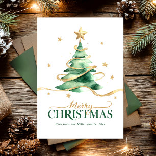 Merry Christmas Watercolor Tree Holiday Card