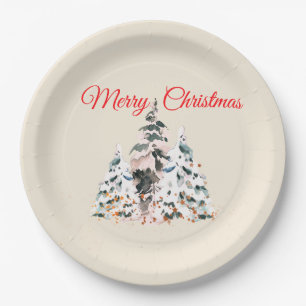 Merry Christmas Watercolor Tree Paper Plate