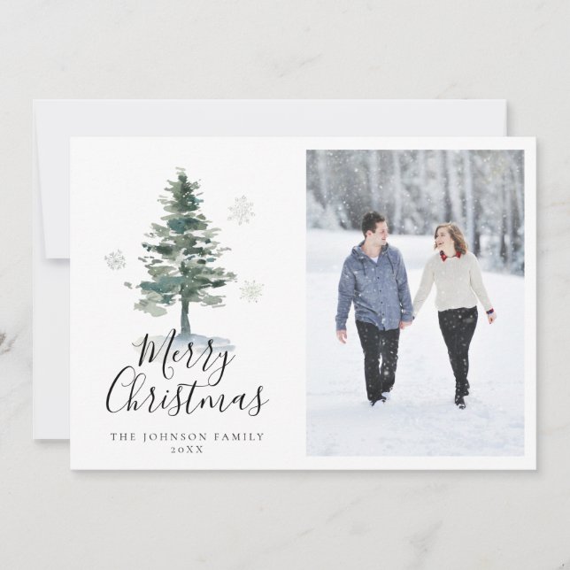Merry Christmas Watercolor Tree Snow Photo Holiday Card (Front)