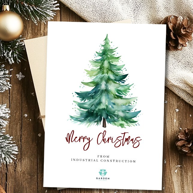 Merry Christmas  watercolor tree with company logo Holiday Card (Creator Uploaded)