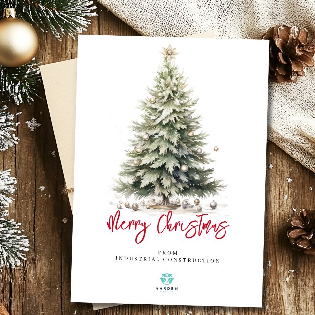 Merry Christmas  watercolor tree with company logo Holiday Card (Creator Uploaded)