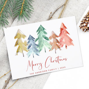 Merry Christmas Watercolor Trees Holiday Postcard