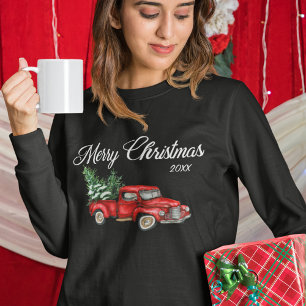 Merry Christmas Watercolor Vintage Red Truck Black Sweatshirt