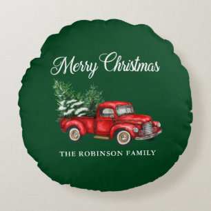 Merry Christmas Watercolor Vintage Red Truck Green Round Cushion