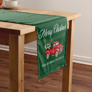 Merry Christmas Watercolor Vintage Red Truck Green Short Table Runner