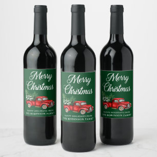 Merry Christmas Watercolor Vintage Red Truck Green Wine Label