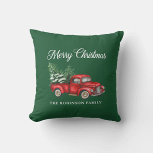 Merry Christmas Watercolor Vintage Red Truck Patio Cushion