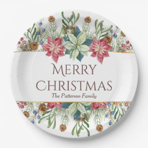 Merry Christmas Watercolor Winter Flowers Name Paper Plate