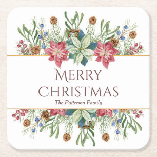 Merry Christmas Watercolor Winter Flowers Name Square Paper Coaster