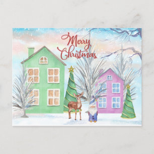 Merry Christmas Watercolor Winter Illustration Holiday Postcard