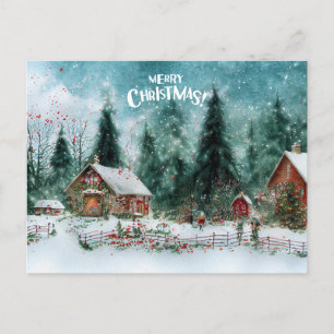 Merry Christmas Watercolor Winter Village Holiday Postcard