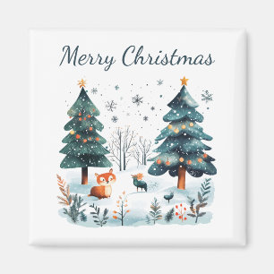 Merry Christmas Watercolor Winter Woodland  Magnet