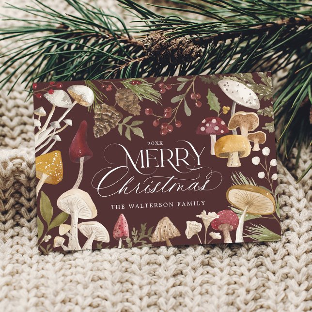 Merry Christmas Watercolor Woodsy Mushrooms Photo Holiday Card (Merry Christmas Watercolor Woodsy Mushrooms Photo Holiday Card (Front))