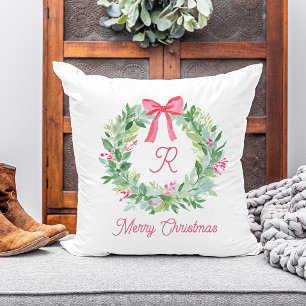 Merry Christmas Watercolor Wreath and Red Bow Cushion