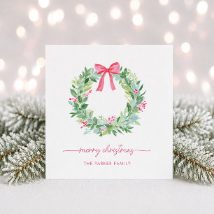 Merry Christmas   Watercolor Wreath and Red Bow Holiday Card