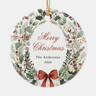 Merry Christmas Watercolor Wreath Bow and Photo Ceramic Ornament