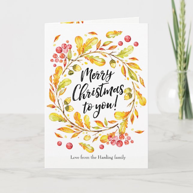 Merry Christmas watercolor wreath Christmas Card (Front)