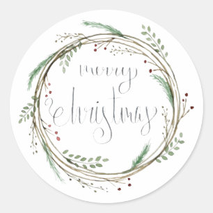 Merry Christmas Watercolor Wreath Classic Round Sticker