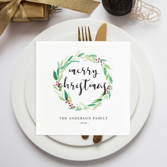 Merry Christmas Watercolor Wreath Elegant Custom Napkin (Creator Uploaded)