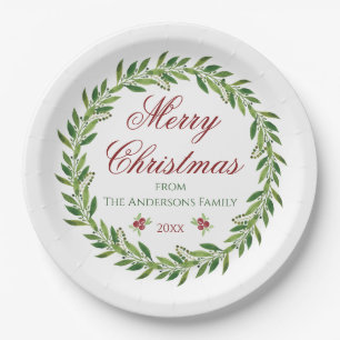 Merry Christmas Watercolor Wreath Family Paper Plate