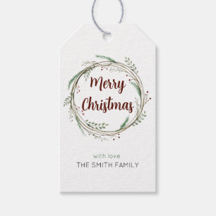 Merry Christmas Watercolor Wreath Gift Tags