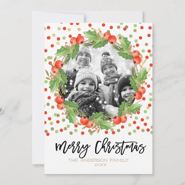 Merry Christmas Watercolor Wreath Holiday Photo (Front)