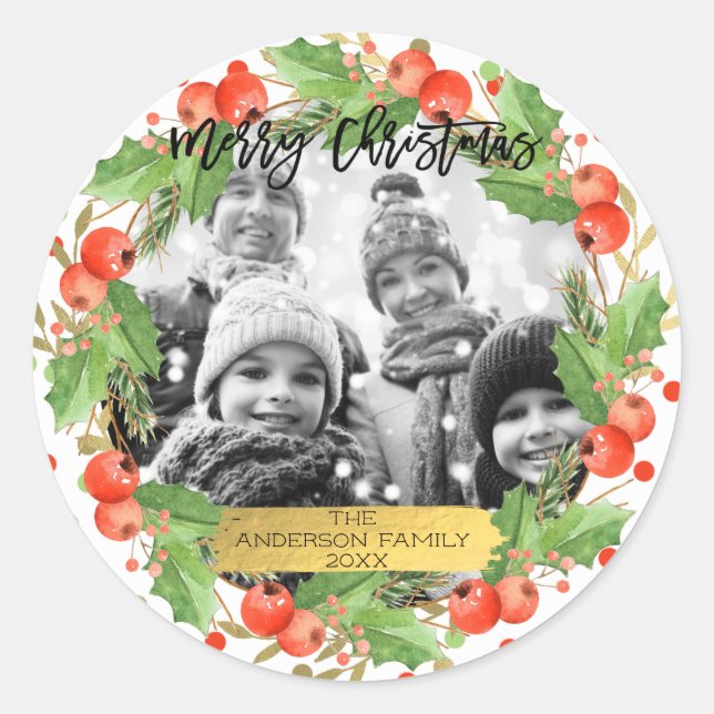 Merry Christmas Watercolor Wreath Holiday Photo Classic Round Sticker (Front)