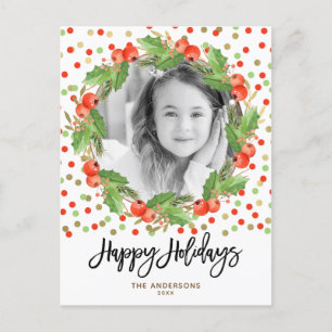 Merry Christmas Watercolor Wreath Holiday Photo Postcard
