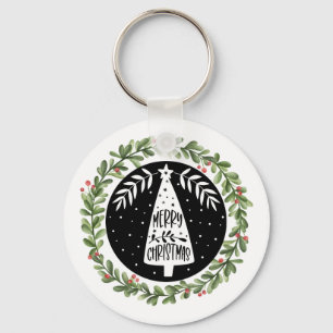 Merry Christmas Watercolor Wreath Key Ring