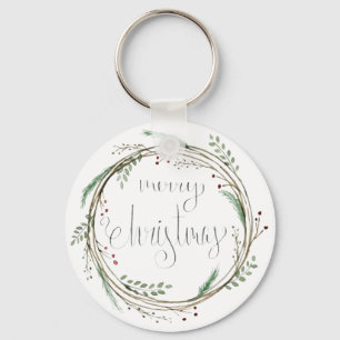 Merry Christmas Watercolor Wreath Key Ring