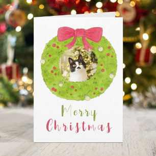 Merry Christmas Watercolor Wreath Photo Frame Holiday Card