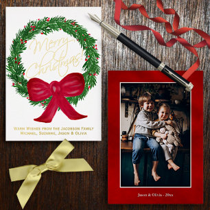 Merry Christmas! Watercolor Wreath Photo on Back Foil Holiday Card